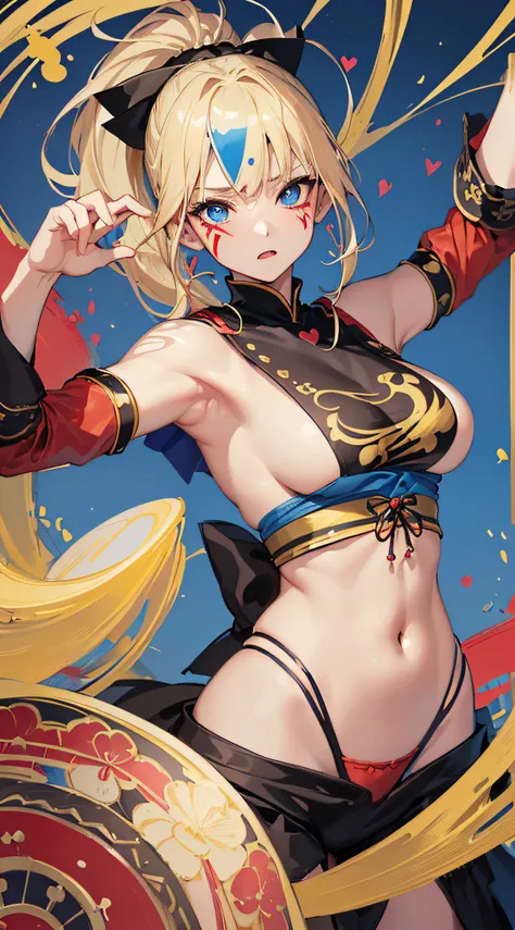 top-quality、Top image quality、​masterpiece、girl with((18year old、Best Bust、big bast,Beautiful blue eyes、Breasts wide open, Blonde ponytail、A slender,Large valleys、Black jersey、Sleeveless、Hachimaki、Red, black and blue face paint、sexypose、Seduction poses)),h...