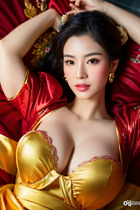 Asian woman in her early 50s lying on the bed wearing a red and gold Chinese dress, goddess of Japan, Very beautiful face,face perfect,(A detailed eye,real looking skin,Detailed skin,lipgloss),ighly detailed, gorgeous chinese model, ig model | ArtGerm, Sed...