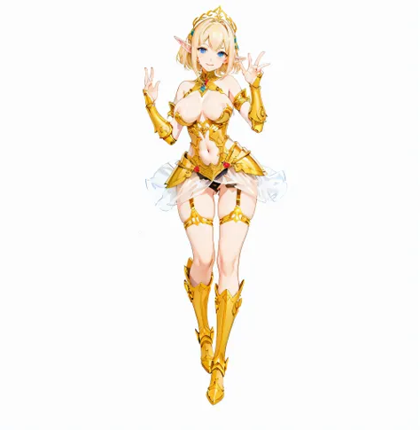 ​masterpiece、top-quality、ighly detailed、hight resolution、１６ｋ、fullnude、teats、Boob proportions、golden armour、Very thin skirt、Black pants、Full body like、Very white skin、Beautiful fingers、Anime girl with very big breasts posing naked、Perfect Style、elvish、no-br...