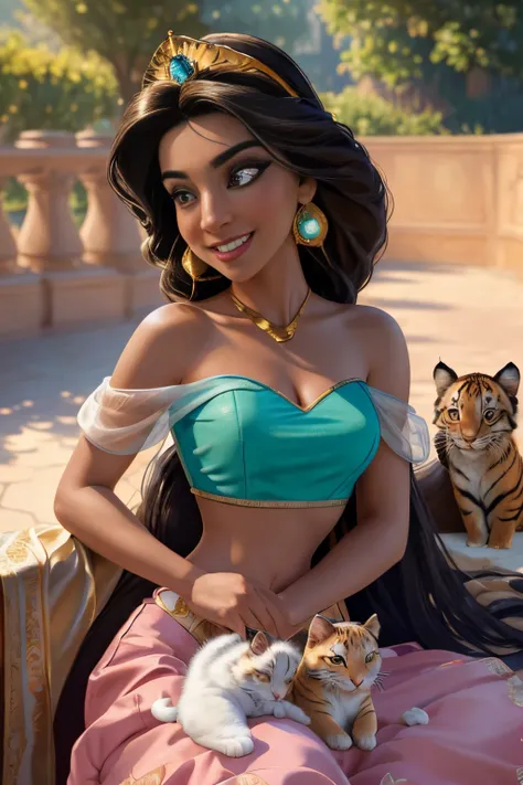 jasmine  holding 3 cute cats.1girl, solo, looking at viewer, smile, shirt, bare shoulders, jewelry, sitting, full body,Disney tiger pet, flower, earrings, pants, off shoulder, crop top, makeup, very adorable, cute, and lovable, Princess Jasmine, wearing pr...