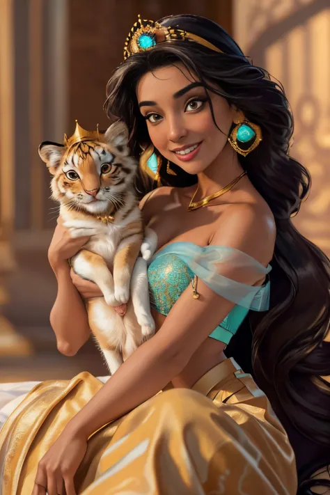 jasmine  holding 3 cute cats.1girl, solo, looking at viewer, smile, shirt, bare shoulders, jewelry, sitting, full body,Disney tiger pet, flower, earrings, pants, off shoulder, crop top, makeup, very adorable, cute, and lovable, Princess Jasmine, wearing pr...