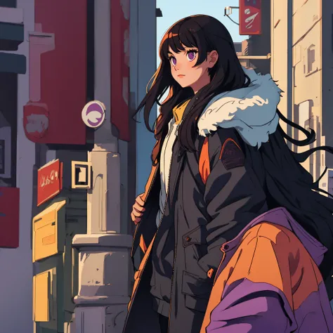 Purple black hair bangs Sanpaku eyes beautiful woman illustration thick coat suit long hair