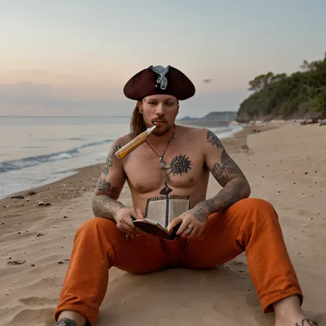 A pirate read the bible, smoking a cigar, orange clothes, cross tattoo on arm, sitting on a beach