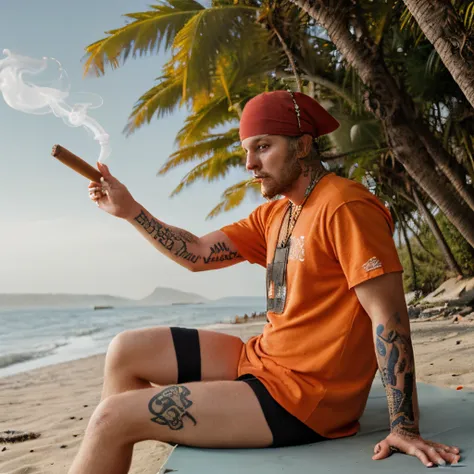 A pirate read the bible, smoking a cigar, orange clothes, cross tattoo on arm, sitting on a beach