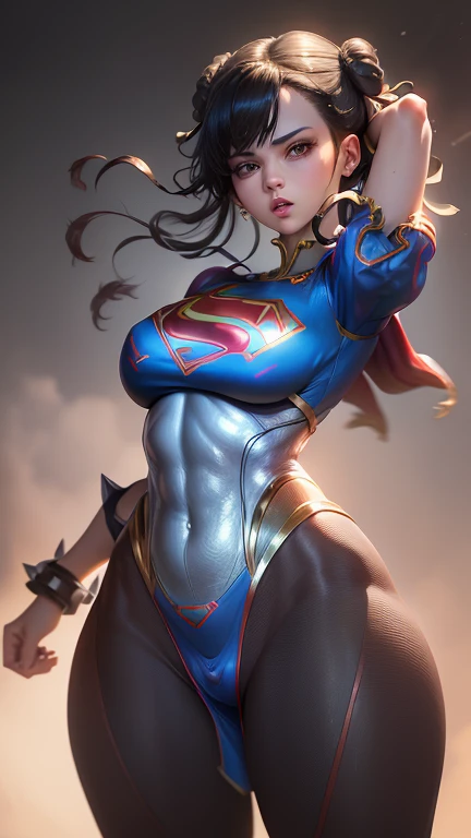 (best quality, master part, absurdos)), 1girl(Supergirl), (black hair) (com dois coque) ( seios grande), 20 anos, corpo definido, expressivos e olhos azuis, nu, peito enorme, quadris largos, heroic pose.