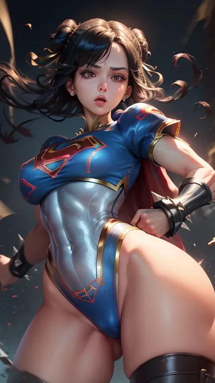 (best quality, master part, absurdos)), 1girl(Supergirl), (black hair) (com dois coque) ( seios grande), 20 anos, corpo definido, expressivos e olhos azuis, nu, peito enorme, quadris largos, heroic pose.