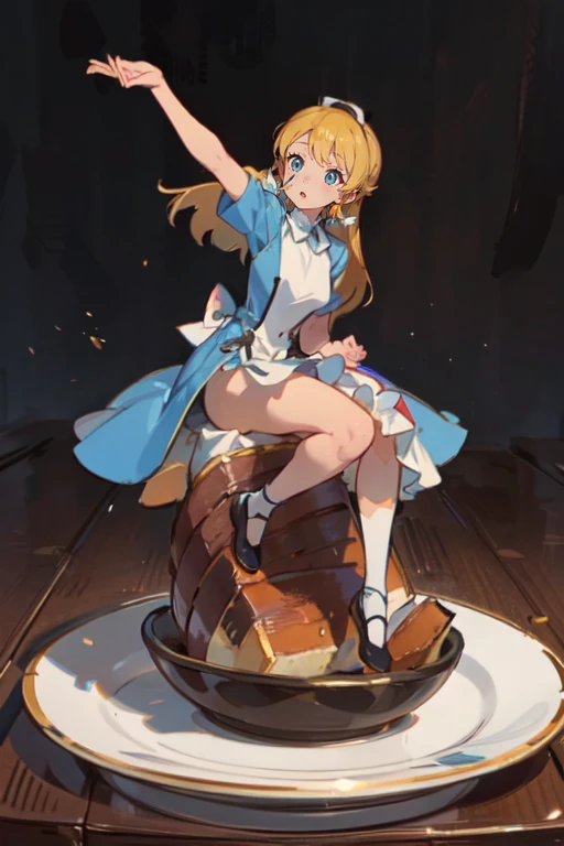 castella on a plate、plate、castella、top-quality, Poses, Correct anatomy, Beautiful body curves, Sketch beech, Daily Draw, vestments,Vintage、Wearing a dress、yellow castella、she&#39;s on top of the castella