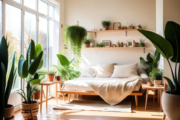 sn,no humans,scenery,plant,window,tree,couch,pillow,table,indoors,wooden floor,potted plant,sunlight,bed,day,painting (object),cushion,shadow,white,