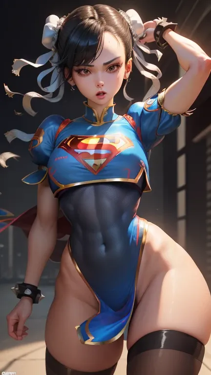 (best quality, master part, absurdos)), 1girl(Supergirl), (black hair), (corpo inteiro), (com dois coque) ( seios grande), Athletic body, 20 anos, corpo definido, expressivos e olhos azuis, nu, peito enorme, quadris largos, pose sexy