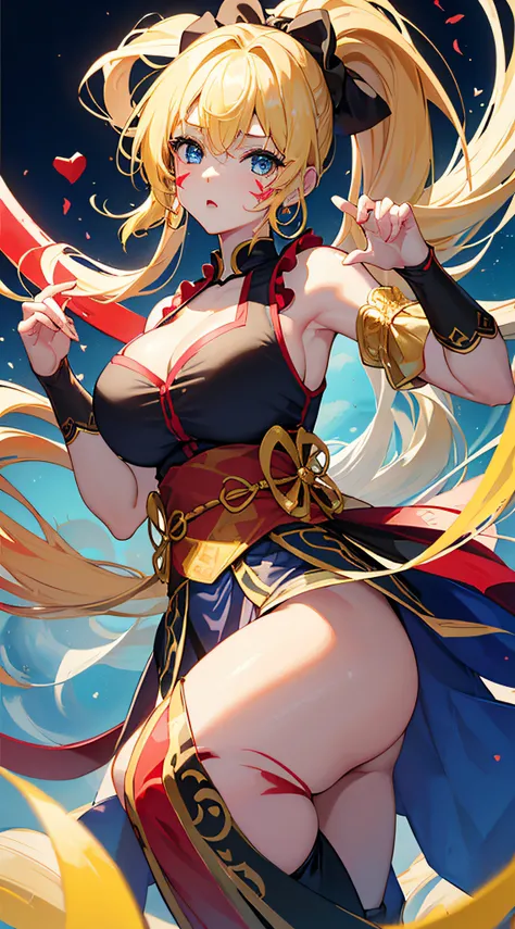 top-quality、Top image quality、​masterpiece、girl with((18year old、Best Bust、big bast,Beautiful blue eyes、Breasts wide open, Blonde ponytail、A slender,Large valleys、Black jersey、Sleeveless、Hachimaki、Red, black and blue face paint、sexypose、Seduction poses)),h...