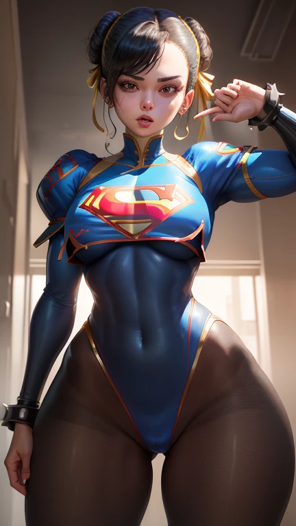 (best quality, master part, absurdos)), 1girl(Supergirl), (black hair), (corpo inteiro), (com dois coque) ( seios grande), Athletic body, 20 anos, corpo definido, expressivos e olhos azuis, nu, peito enorme, quadris largos, heroic pose