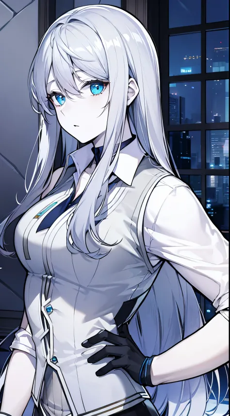 (masterpiece:1.2), (pale skin:1.2), (solo:1.2), (female:1.1), (emphasis lines:1.3), long hair, gray hair, indoors, blue eyes, vest, gloves, windows