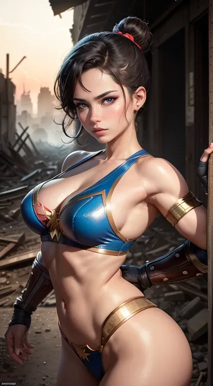 Chun li como Wonder Woman, DC Quadrinhos, (like two buns on the head) (foto corpo inteiro), Extremamente realista,8K mais detalhado.Motor irreal:1.4,UHD,melhor qualidade:1.4, fotorrealista:1.4, textura da pele:1.4, obra prima:1.8,obra-prima, melhor qualida...