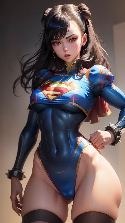 (best quality, master part, absurdos)), 1girl(Supergirl), (black hair), (corpo inteiro), (com dois coque) ( seios grande), Athletic body, 20 anos, corpo definido, expressivos e olhos azuis, nu, peito enorme, quadris largos.