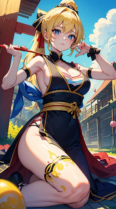 top-quality、Top image quality、​masterpiece、girl with((18year old、Best Bust、big bast,Beautiful blue eyes、Breasts wide open, Blonde ponytail、A slender,Large valleys、Black jersey、Sleeveless、Hachimaki、Red, black and blue face paint、sexypose、Seduction poses)),h...