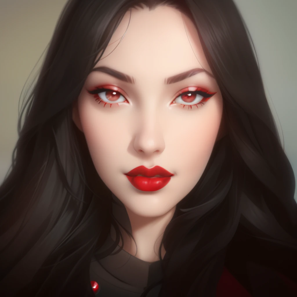 a close up of a woman with long black hair and red lipstick, light-red lips, red lips, thick red lips, inspired by Ksenia Milicevic, red lipstick on face, sexy red lips, luscious red lips, big red lips, faint red lips, red lipstick, bright red lipstick, sm...