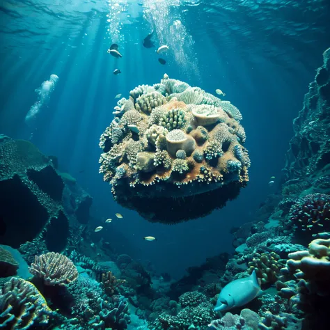 Deep ocean bottom、Seabed full of white sea cucumbers，Fish are also swimming, but there are not many of them.