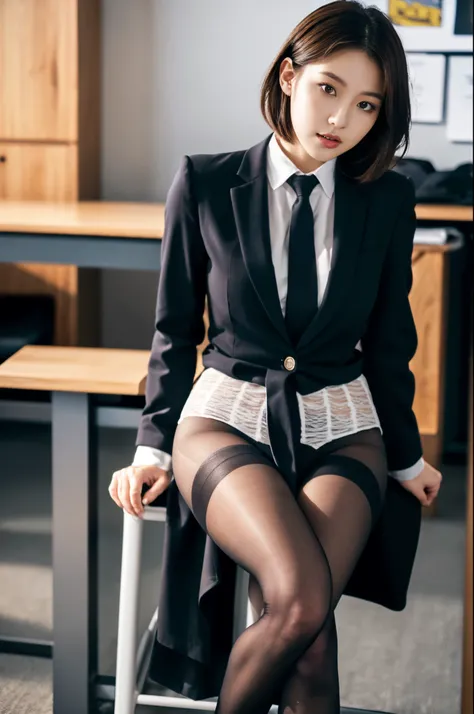 ulzzang -6500-v1.1, (Raw photo:1.2), (Photorealsitic), (See-through:1.3), (Real:1.4), Elite woman sitting at desk tied up in business suit, (SFW) safe for work, oppai, Short Layer Hair, (Ultra-realistic pantyhose:1.2)、Shibari, 2b, 2 b, Wearing a strict bus...