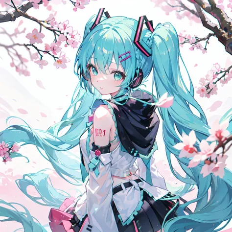 from adobe,miku hatsune,Stand under a cherry tree,Sakura blizzard,Looks Back,（Solo,(Dreadlocks:1.4),Drill Hair,afro,Ponytail,two side up,hime-cut,Twin-tailed,braid,(Hair bun:0.7),(wavy multicolor hair:1.2),Piercing,headset on head,a cold expression