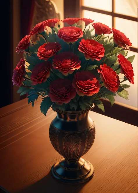 carnations in a vase, High quality photo, ultra high res, (photorealistic:1.4), cinema lighting, insanely detailed, hyper realistic, fine details, octane render