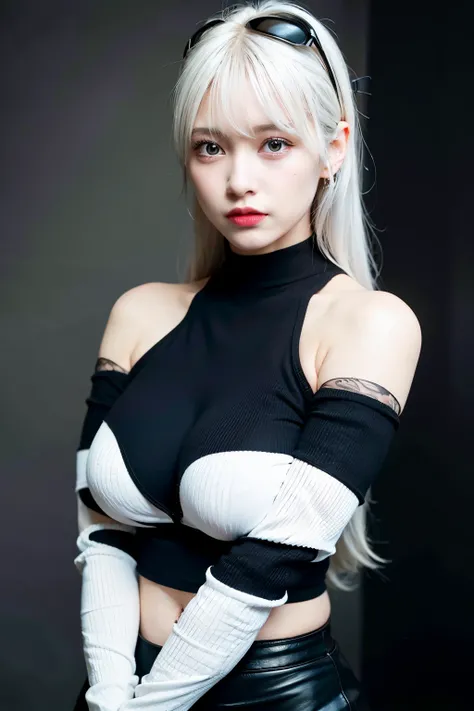 best quality, ultra high res, (photorealistic:1.4), 1girl, off-shoulder white shirt, black tight skirt, black choker, (faded ash gray hair:1), (huge breasts:1.2), looking at viewer, closeup , without any clothes