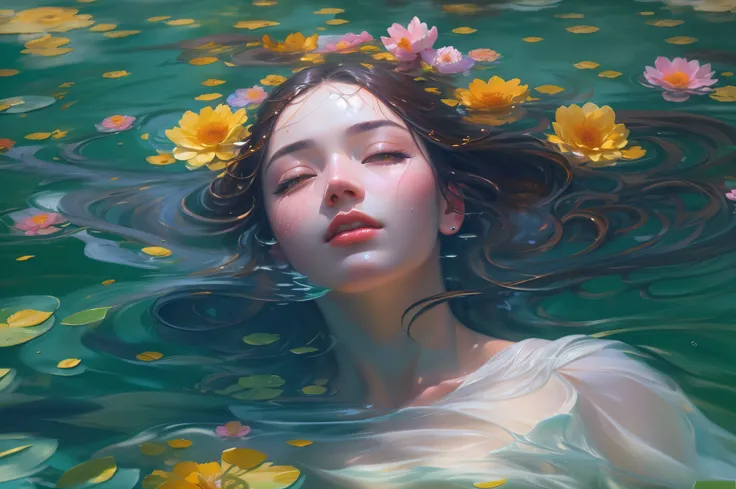 (best quality,4k,8k,highres,masterpiece:1.2),ultra-detailed,(realistic,photorealistic,photo-realistic:1.37),floating woman, blooming flowers, inspired by Yanjun Cheng, Ophelia, water surface, vibrant colors, ethereal lighting, dreamy atmosphere, serene exp...