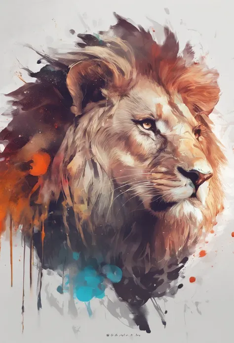 arte splash, a lion head, juba bem detalhada ((fundo branco)), olhos penetrantes, epic instagram, art-station, estilo splash de tinta colorida+, contorno, hiperdetalhado intricadamente detalhado, Motor irreal, genial, detalhes intrincados, tela inicial, co...