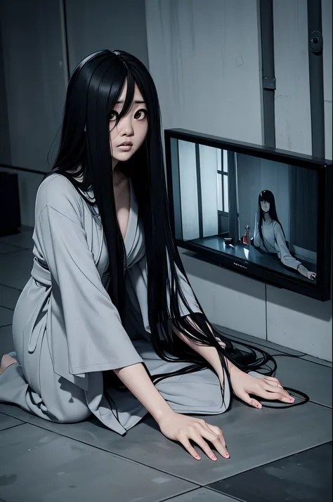 sadako, soaking, wet robe, gray colored skin, hair covers the face, sexy for.sadako crawled out of the tv，a woman lying on the f...