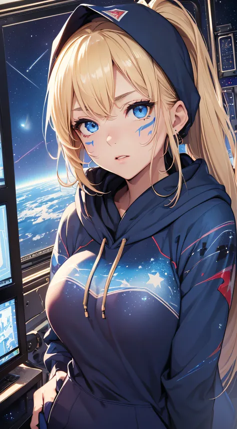 top-quality、Top image quality、​masterpiece、girl with((18year old、Best Bust、big bast,Beautiful blue eyes、Breasts wide open, Blonde ponytail、A slender,Large valleys、Wearing a hood,Black hoodie、red and blue pants、 blue heart face paint、Weightlessness)),hiqual...