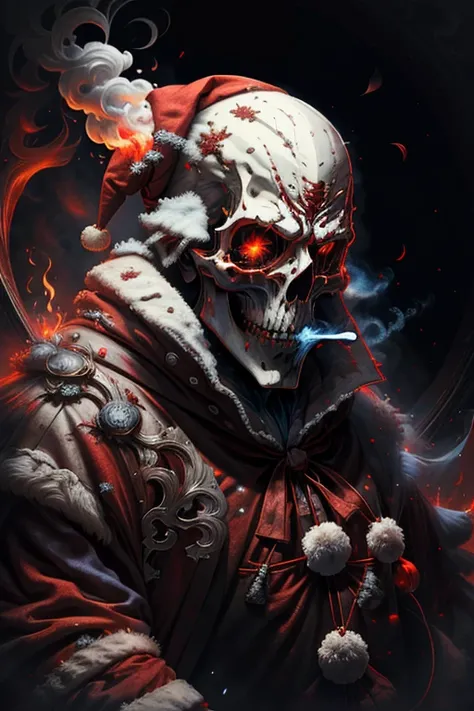 Solo, 1boy, Standing, Male Focus, Chewing tobacco，Snowy city, Red Santa Costume, Red Santa Hat， cloaks, A skull wearing a white Japanese mask, robe, Painting,The main body in the background is burning with blue flames，