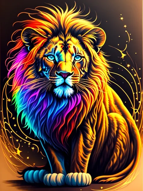 a painting of a colored lion on a black background,, breathtaking rendering, within a radiant connection, inspired by Kinuko Y. Craft,, magical elements, kitten icon, wow, is beautiful, casting a multi colorful spell, bright flash, flash