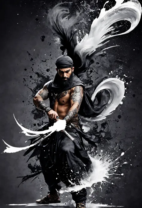 muslim warrior, the art of tattooing, ink splash, swirl of ink, arabic letter, art at its best, black, white & grey, 血