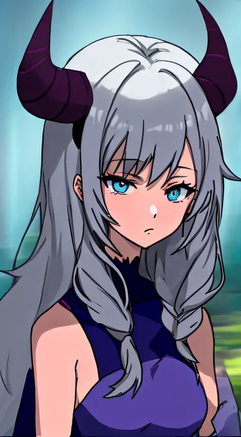 anime girl avec des cornes et un haut bleu dans les bois, fille démoniaque, succube en portrait en robe dété, Demon anime girl, Démon Mara, Démon Mika Kurai, cel - style artistique ombré, Portrait de Demon Girl, dans un style anime, anime monster girl, suc...