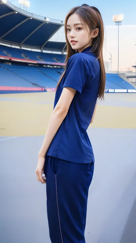 (bestquality,10,10,highres,masterpiece:1.2),ultra-detail,(Realistic,photorealistic portrait,photo-realistic:1.37),1 Cute girl in the football field,oily shiny skin,bara,light smile,BDclothes,((blue shirt:1.3)),short sleeves,shirt, trousers.,(navy_long_Pant...