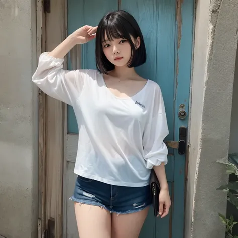 1girl in, 20yr old, gradient, up looking_で_viewer, Black_hair, Solo by JM, Yoshiko Akishino, Shorthair