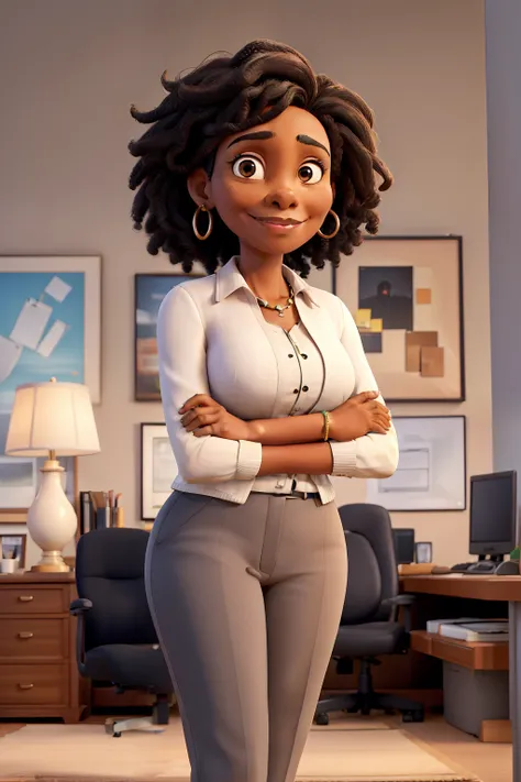 masterpiece, best quality ,Portrait of mid adult successful black mature woman looking at camera with arms crossed. Smiling african american business woman standing in new office .Portrait of mature woman.