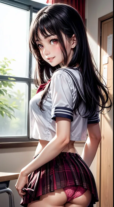 (masuter piece, Best Quality),  Angle from the front、Black hair, Glowing red eyes,  Petite,  (hi-school girl)、(High school girl uniform)、(( up skirt)), Lace panties、a short skirt、（Patterned panties）、 Front view, Malvese, crass room, Smile, Fun, Volumetric ...