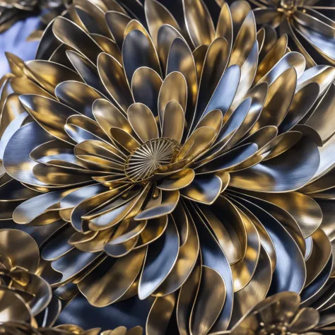 A surreal metal flower, its petals emitting a soft glow, gold metal, creating an otherworldly scene that blends the artificial with the natural, Sculpture, stainless steel,