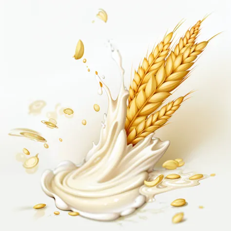 Araf milk and oatmeal splashes on white background, granola, flowing milk,  Super realistic food pictures, puddle of milk, Award-winning surrealism