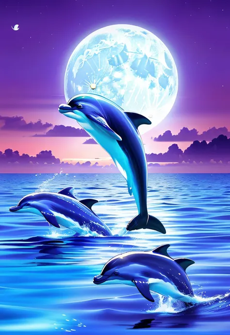 Dolphins jumping out of the water at night，The background is the full moon, dolphins, Dolphins swim, by Lisa Frank, Dolphin jumping, dolphins, Lisa Frank, author：John Luke, Dolphins swim, wallpaper - 1 0 2 4, author：John Munan, Jim Warren, Wayne England, a...