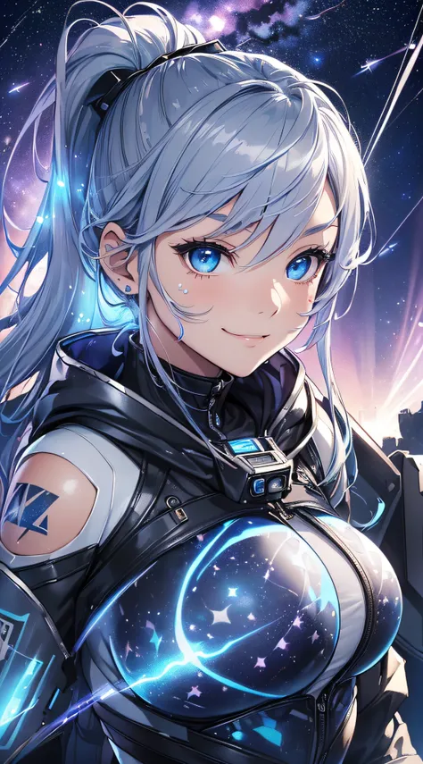 top-quality、Top image quality、​masterpiece、girl with((18year old、Best Bust、big bast,Beautiful blue eyes、Breasts wide open, Silver-haired ponytail、A slender,Large valleys、Wearing a hood,Black spacesuit、blue lightning face paint、Grinning face、piece sign、floa...