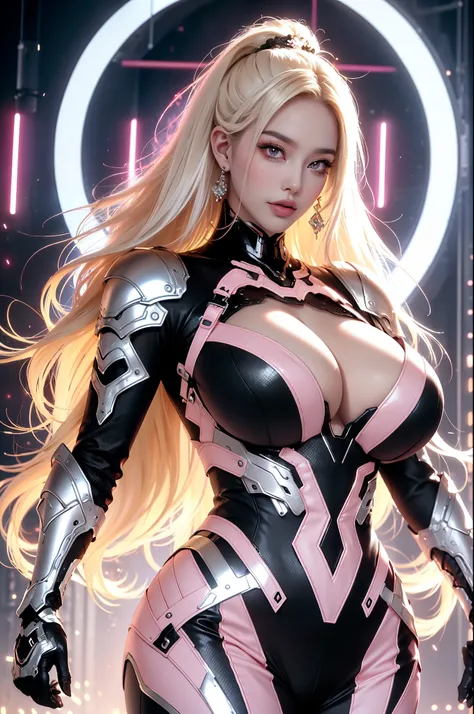 (masterpiece), best quality, expressive eyes, perfect face, beautiful details face, beautiful round eyes, full body, A beautiful mature woman in cyber armour suit shows her Extremely busty and attractive breasts, (arrogant face), (platinum pink hair), (hig...