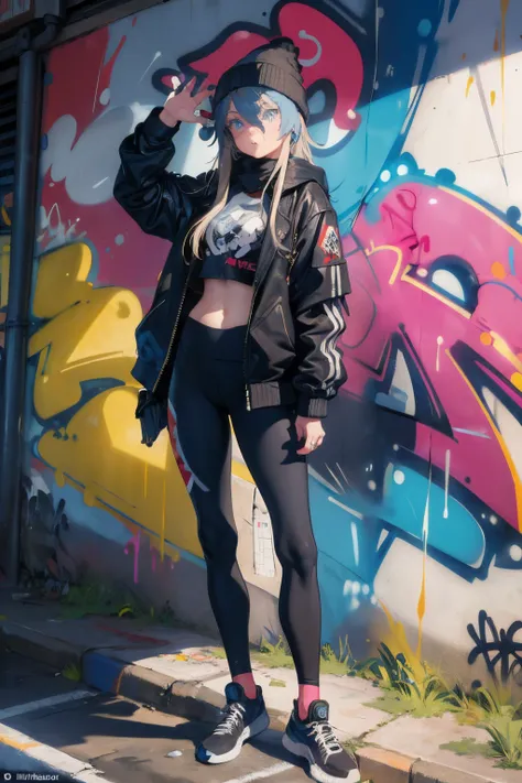 (masterpiece:1.2, best quality), (graffiti wall:1.15), 1lady, beanie, jacket, Leggings, blue eyes, fullbody,