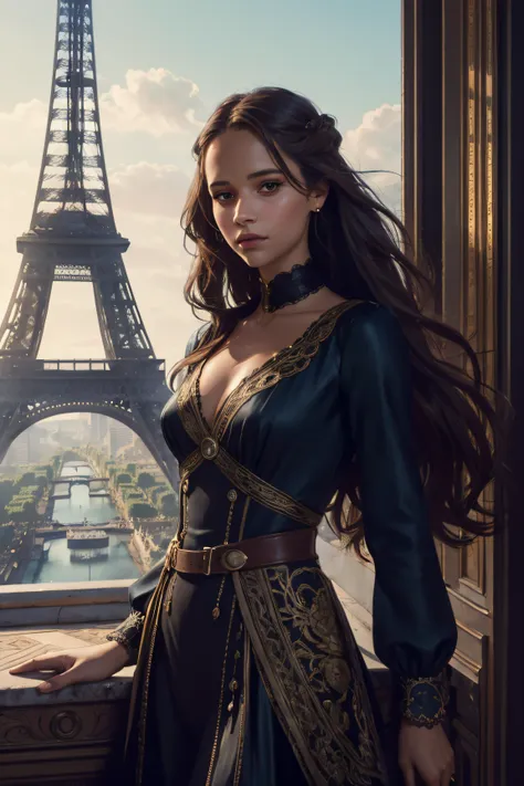 alicia vikander, sexy clothes, stand in the background of the eiffel tower, character portrait, 4 9 9 0 s, long hair, intricate,...