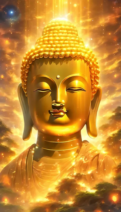 (best quality,high resolution,masterpiece:1.2),(ultra-detailed,realistic:1.37) Giant transparent Buddha head, glowing effect, yellow planet in cosmic soil, overclocked rendering, Bodhisattva of Compassion