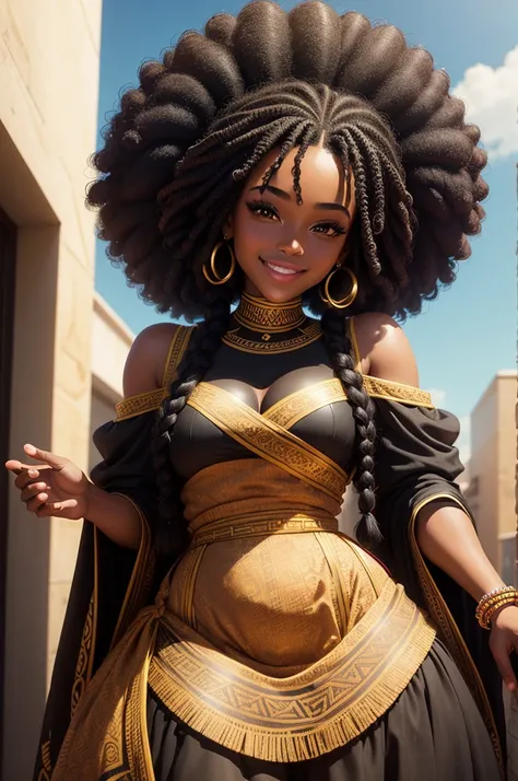 Artists depiction of a black woman with radiant skin and a warm smile, sporting a long braided Afro hairstyle. She is wearing a vibrant black dress that reflects her culture and personality. The surrounding setting is a square, with elements that highlight...