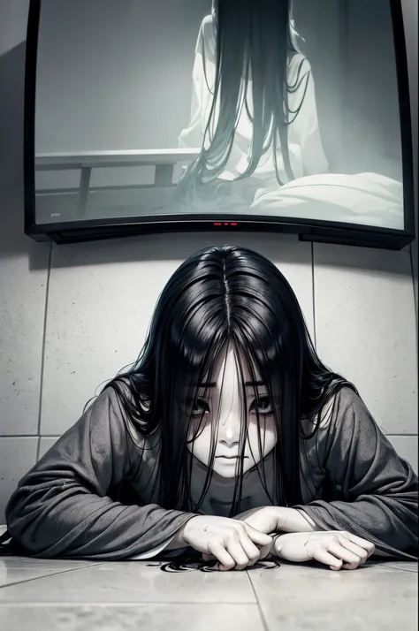 sadako, soaking, wet robe, gray colored skin, hair covers the face, sexy for.sadako crawled out of the tv，a woman lying on the f...