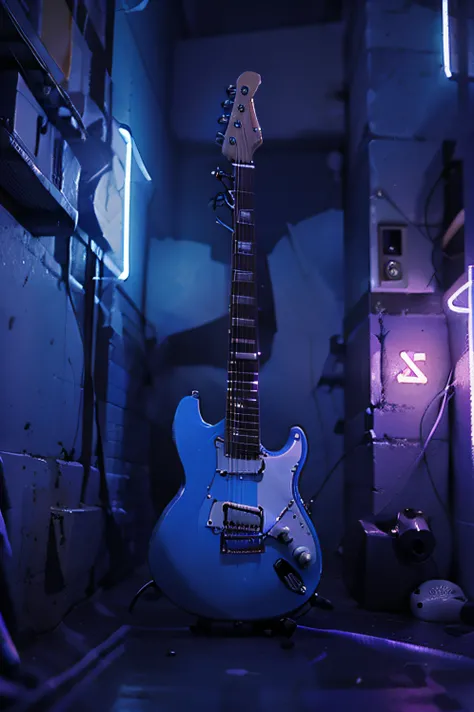 a electric guitar floating with neon lights, blue,red, shinning and realistic