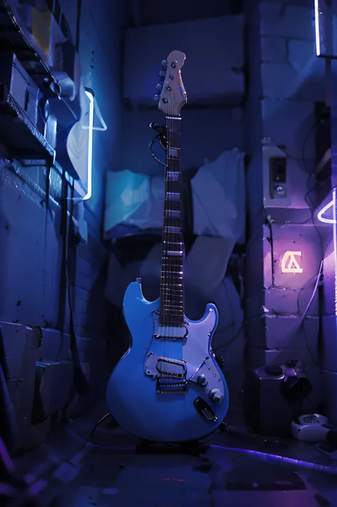 an electric guitar floating with neon lights, ared and blue,purple, brillante y realistic