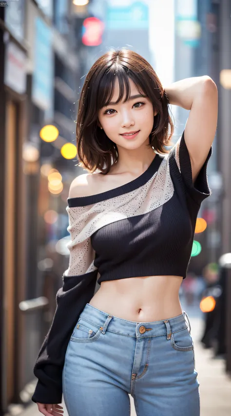 1girl, (looking at viewer),  (bokeh:1.1), closed mouth,light smile, realistic, arm up, off shoulder,
pants, skyline,
best quality, (photorealistic:1.4), ultra highres,